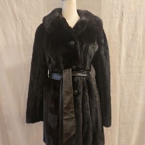 Vintage 1970s Mink Fur Belted Leather Coat Womens Small Medium
